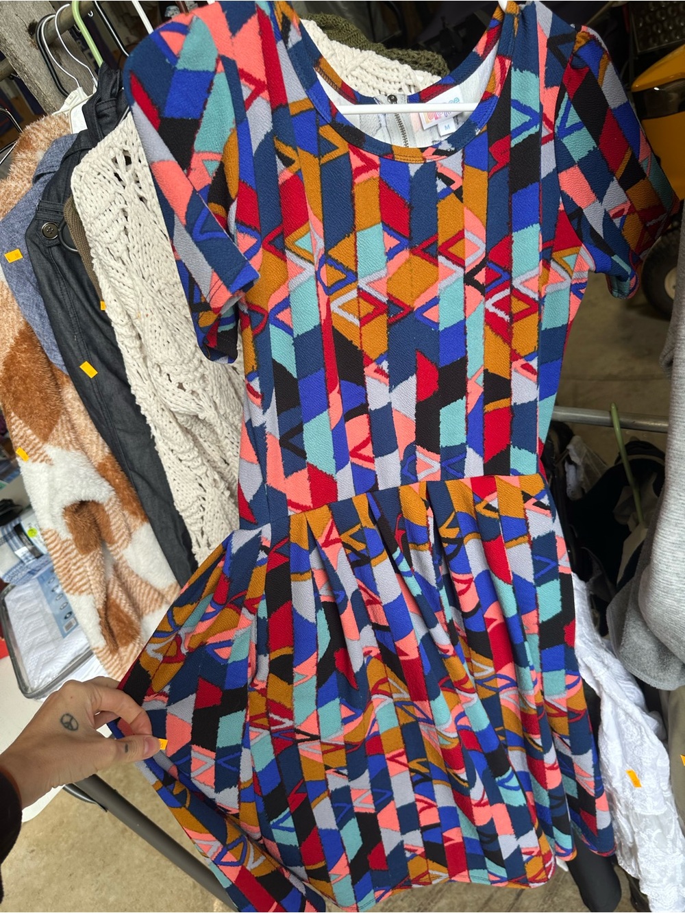 LuLaRoe Multicolor Geometric Midi Dress - Blue, Red, Orange, Pink
